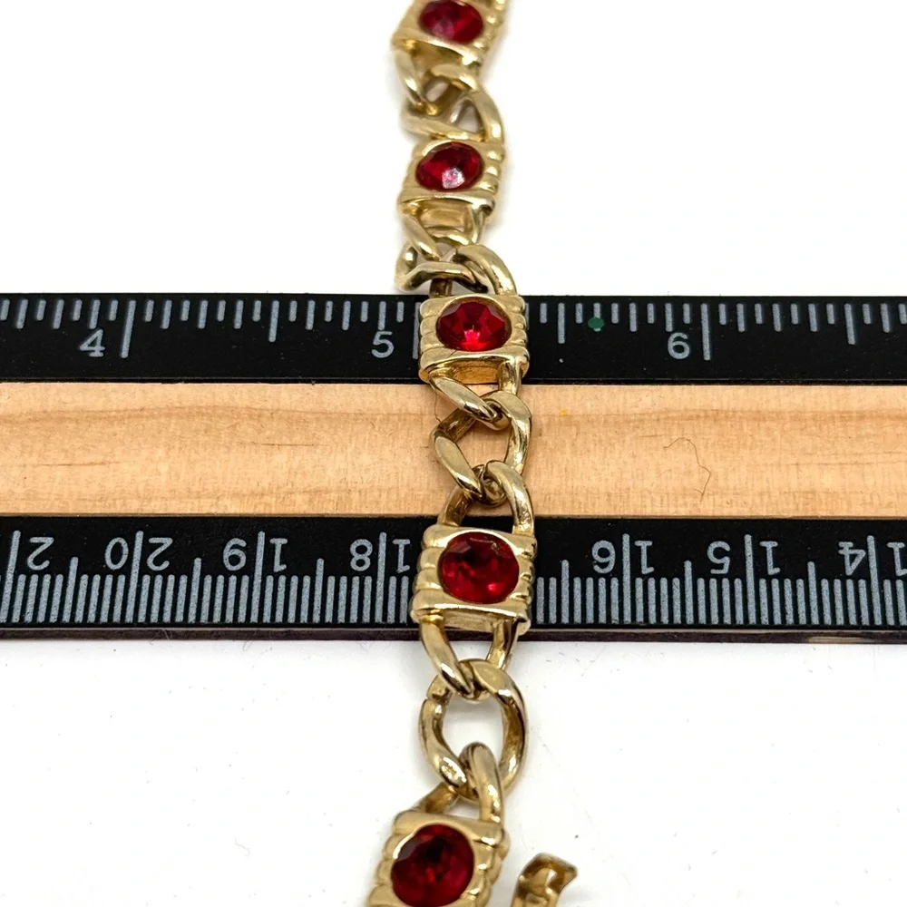 Vintage Goldtone Link Bracelet with Red Rhinestones
